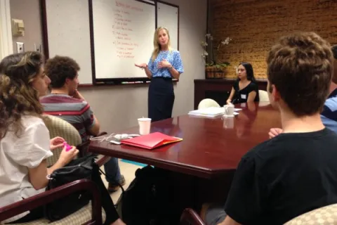 Elizabeth Laugeson, director of the UCLA PEERS Clinic, leads a class for young adults who have autism.