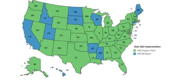 Map of Unites States with states labelled in blue and green according to if an ABLE bill is signed and an ABLE program is open.