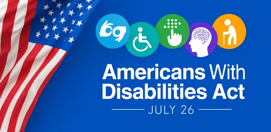 American flag drapes down the left side. Five circular and different colored icons represent different disabilities