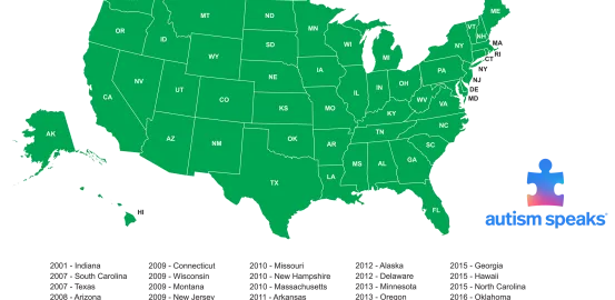 Map of United States with all states shaded green to indicate autism benefits by state