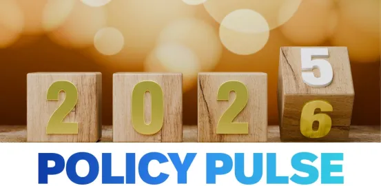 2025 blocks turning to 2026 with the words "policy pulse" across the bottom in blue