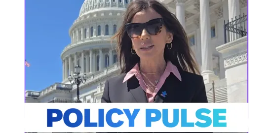 woman standing in front of Capitol building with dome in the background. White banner with blue text "POLICY PULSE" is along the bottom of image