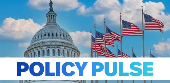 blue sky with clouds behind DC Capitol dome and ten American flags positioned in semi circle on the right