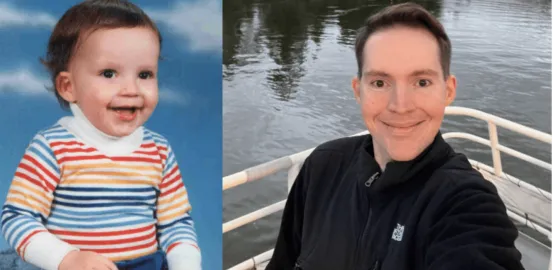 Side by side photos of a toddler boy in a red and orange stripped shirt and a young man in a black shirt on a boat 