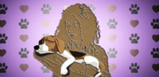 An illustration of a girl above a purple background with dog paw prints and hearts and she is holding a sleeping beagle dog  