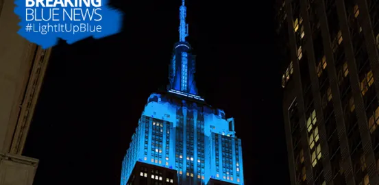 The Empire State Building with blue lights as they Light It Up Blue in support of World Autism Awareness Day