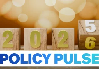 2025 blocks turning to 2026 with the words "policy pulse" across the bottom in blue