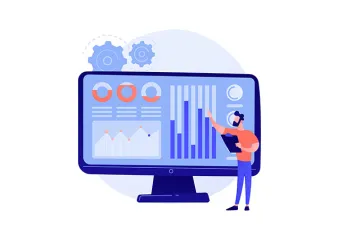 animation of a man pointing at a screen with data and charts
