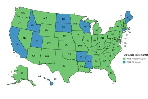 Map of Unites States with states labelled in blue and green according to if an ABLE bill is signed and an ABLE program is open.
