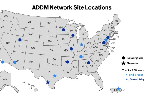 Map of United States with markers for where ADDM sites are located