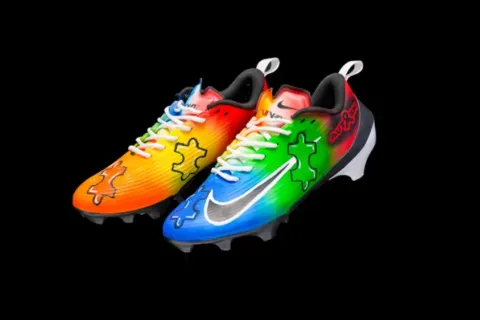 Jacob Saylors's cleats for Autism Speaks My Cause. My Cleats.