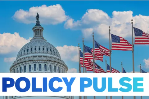 blue sky with clouds behind DC Capitol dome and ten American flags positioned in semi circle on the right