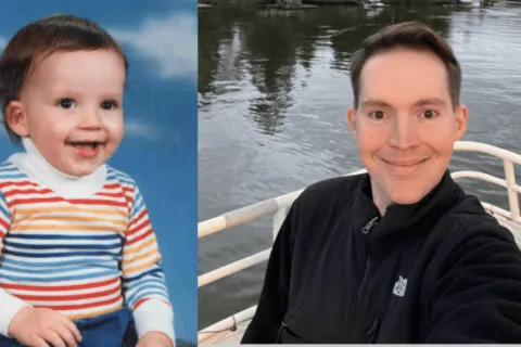 Side by side photos of a toddler boy in a red and orange stripped shirt and a young man in a black shirt on a boat 
