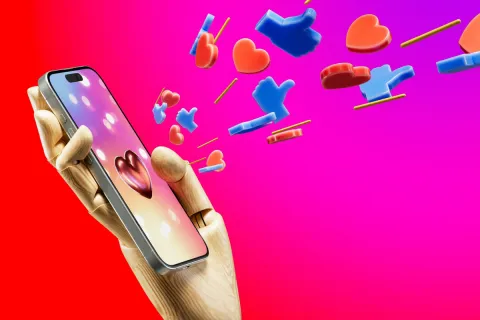 Wooden hand holding smartphone as floating hearts and thumbs-up icons stream from the screen on a pink gradient background