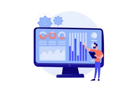 animation of a man pointing at a screen with data and charts