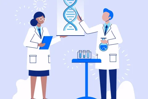 animation of researchers looking at DNA poster