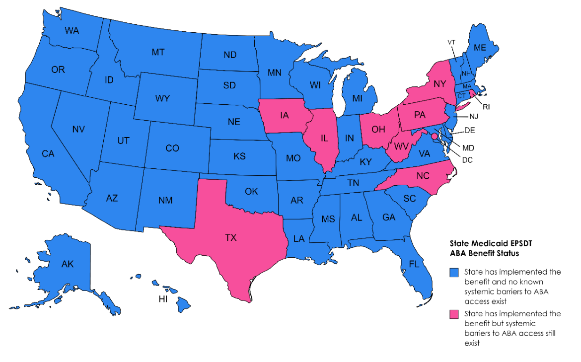 Map of US color coded by implementation status of Medicaid ABA benefit