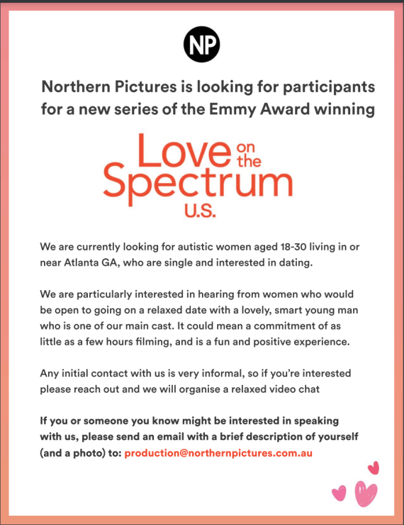 A call out from the TV Show Love on the Spectrum looking for interested people