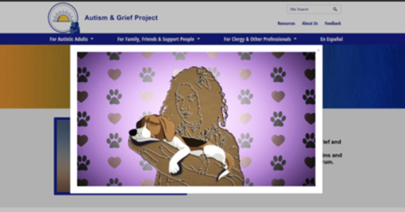 A graphic of a girl holding a beagle that is sleeping with a purple background of paw prints and hearrts