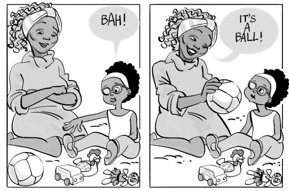 comic of a mother helping her child say the word ball