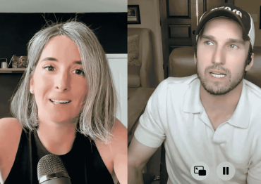 Eileen Lamb in black shirt and with microphone interviewing Landon Ashworth with baseball cap and white shirt. 