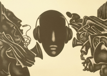 silhouette of cartoon person with voices and noises in their head