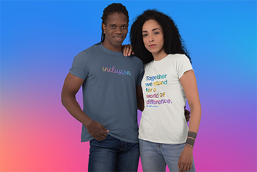 Man and Woman wearing World Autism Month t-shirts