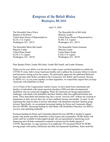 Letter to congressional leadership asking for additional supports for people with autism during COVID-19