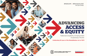 Poster with turquoise, navy, red and gold arrows pointing right with six different photos of people with disabilities scattered among the many arrow design. To the right is the heading "advancing access & equity"