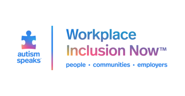 Logo tbat reads "Workplace Inclusion Now TM People, communiities, employers" and appears next to the Autism Speaks Logo which is a gradient puzzle piece that is mostly blue with hints of yellow pink and purple in the lower left.