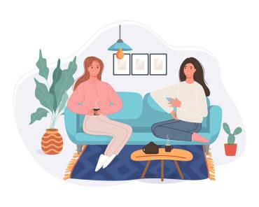 cartoon of two women sitting on a couch enjoying tea