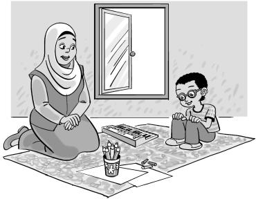 comic of a smiling mother and son sitting on a blanket near a window with paint supplies