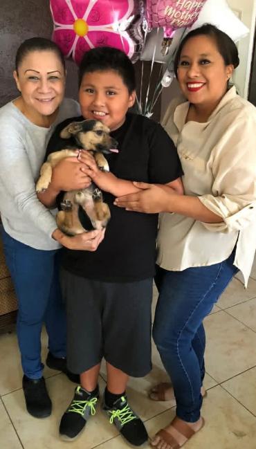 two women and a boy holding a dog