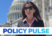 woman standing in front of Capitol building with dome in the background. White banner with blue text "POLICY PULSE" is along the bottom of image