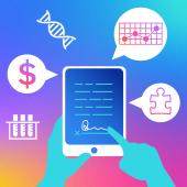 color graphic of someone signing their name with their finger on a tablet. Spectrum colored background has symbols for test tubes, money, DNA, a chart and puzzle piece surrounding the tablet.
