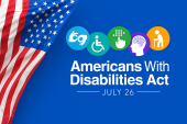 American flag drapes down the left side. Five circular and different colored icons represent different disabilities