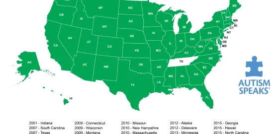 Map of United States with all states, except Tennessee, shaded green to indicate 49 states' coverage of autism.